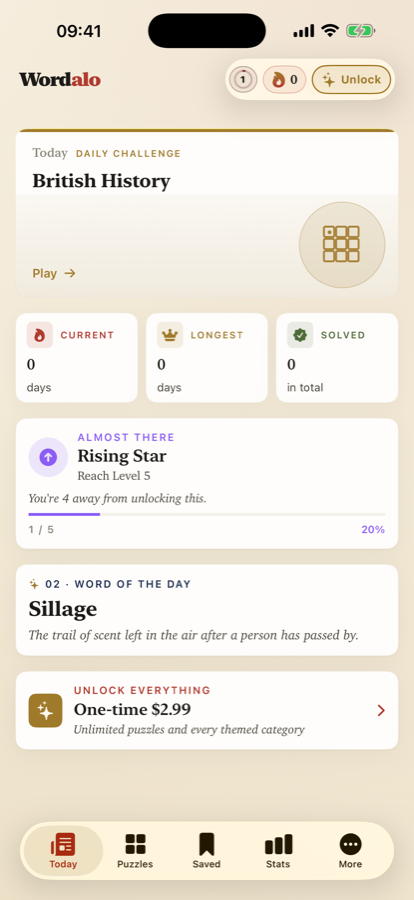 Wordalo Today tab screenshot: British History daily challenge, current streak, Rising Star level progress, word of the day and the $2.99 Unlock Everything card.