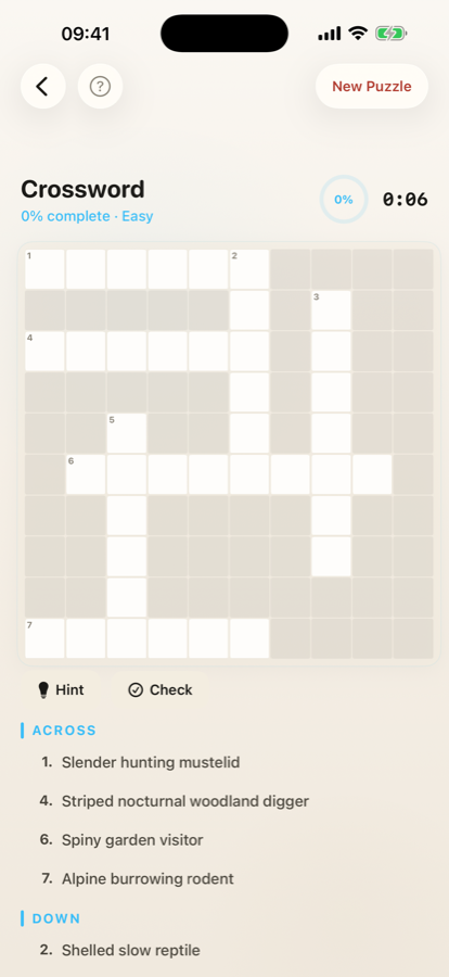 Wordalo crossword puzzle screenshot with a themed grid and British-English clues.