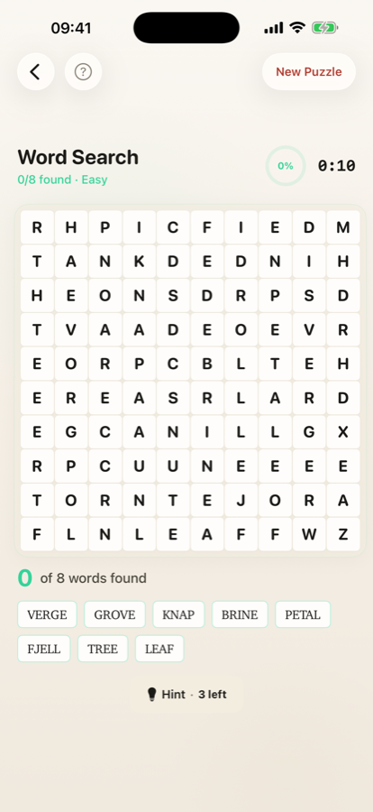 Wordalo word search screenshot with a letter grid and a themed word list.