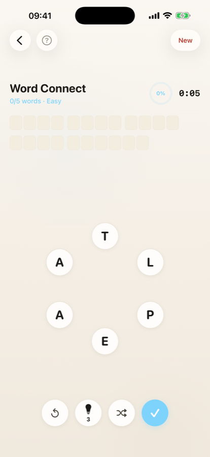 Wordalo word connect screenshot with a letter wheel and words to spell.