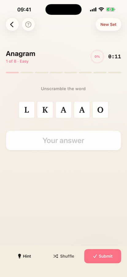 Wordalo anagram screenshot with jumbled letter tiles and shuffle and hint buttons.
