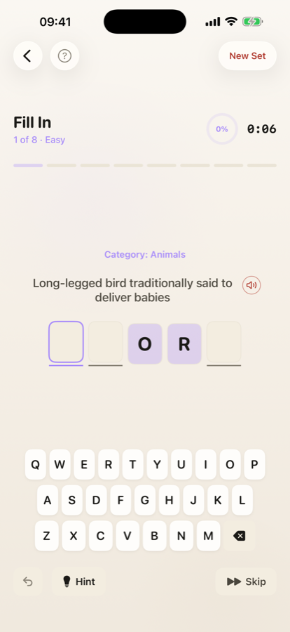 Wordalo fill-in puzzle screenshot with a clue and a word with missing letters.