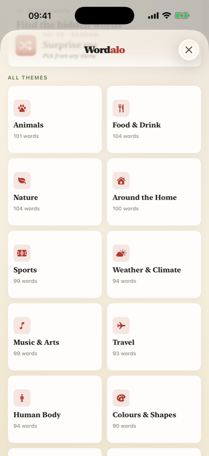 Wordalo themed categories screenshot listing British History, Classic Literature, Gardening and Nature, Classic Cinema and The Royals.